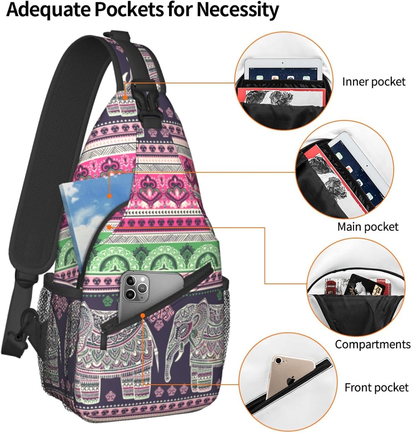 Elephant Sling Bag Crossbody Travel Hiking Chest Backpack Shoulder Daypack for Women Men
