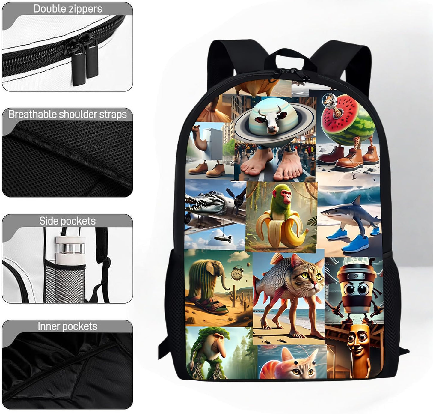  3PCS Italian Brainrot Casual Large Daypack Backpack,17in Shoulder Waterproof Lightweight Daypack Gifts (Color 6)
