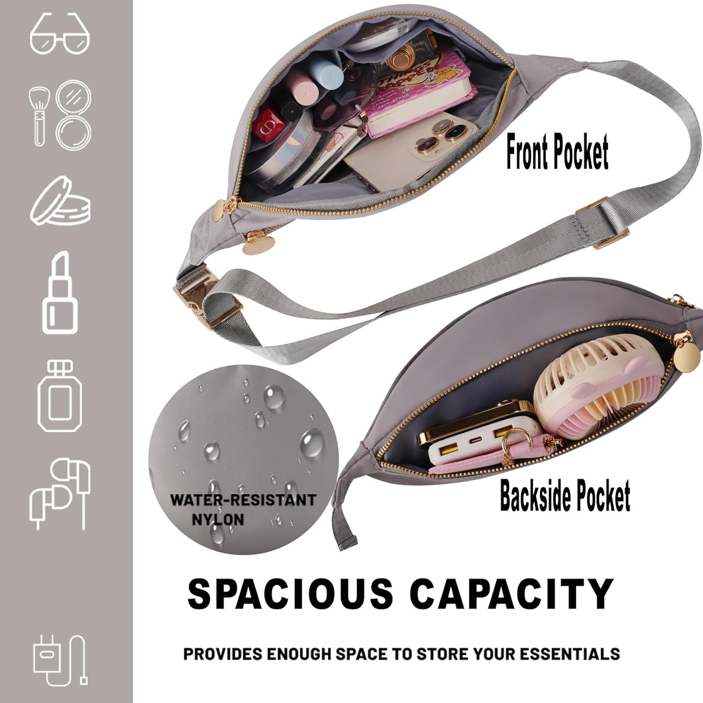 Fanny Pack Crossbody Stadium Approved Women Waist Pack Bag for Men Nylon Everywhere Belt Bag (Grey)