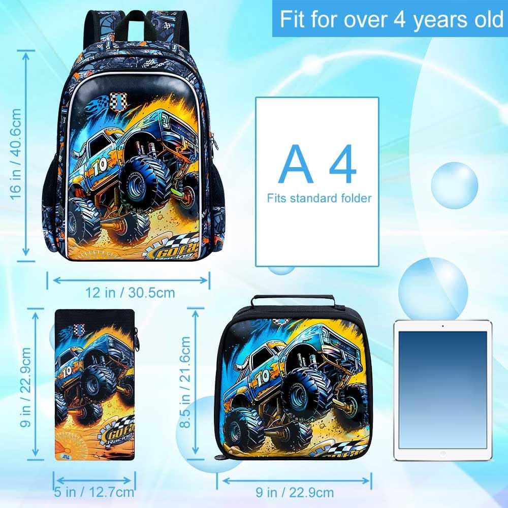 Truck backpack, 16" Boys Cars Kids Bookbag with Lunch Box, 3Pcs School Backpacks for Elementary Preschool Kindergarten (Black)