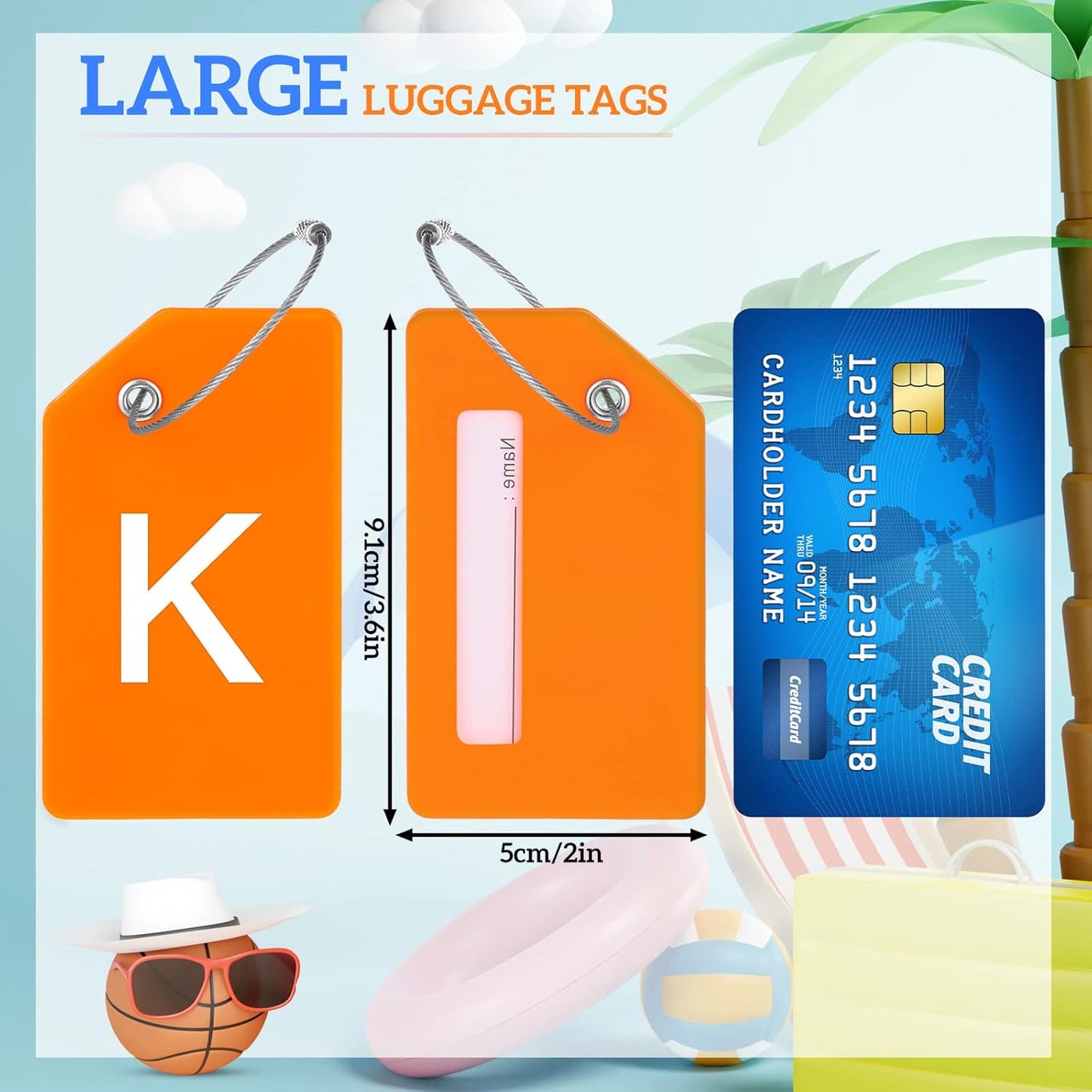 8 Pcs Initial Letter A-Z Luggage Tags Silicone Suitcase Instrument Tag with Name Card and Stainless Steel Loop(Letter K,Colorful)