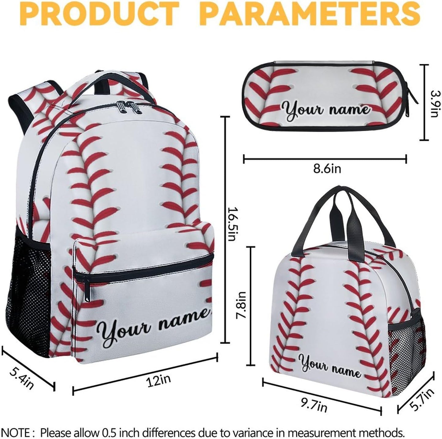 Personalized Baseball Backpack with Lunch Box Set for Boys, 3 in 1 School Backpacks Matching Combo