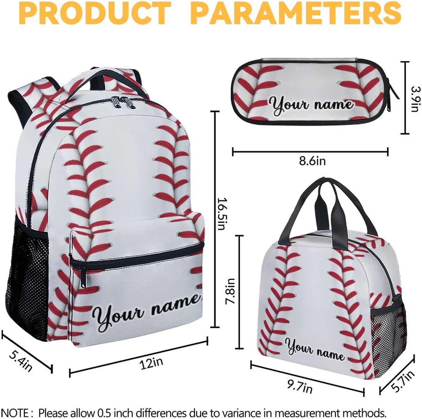 Personalized Baseball Backpack with Lunch Box Set for Boys, 3 in 1 School Backpacks Matching Combo