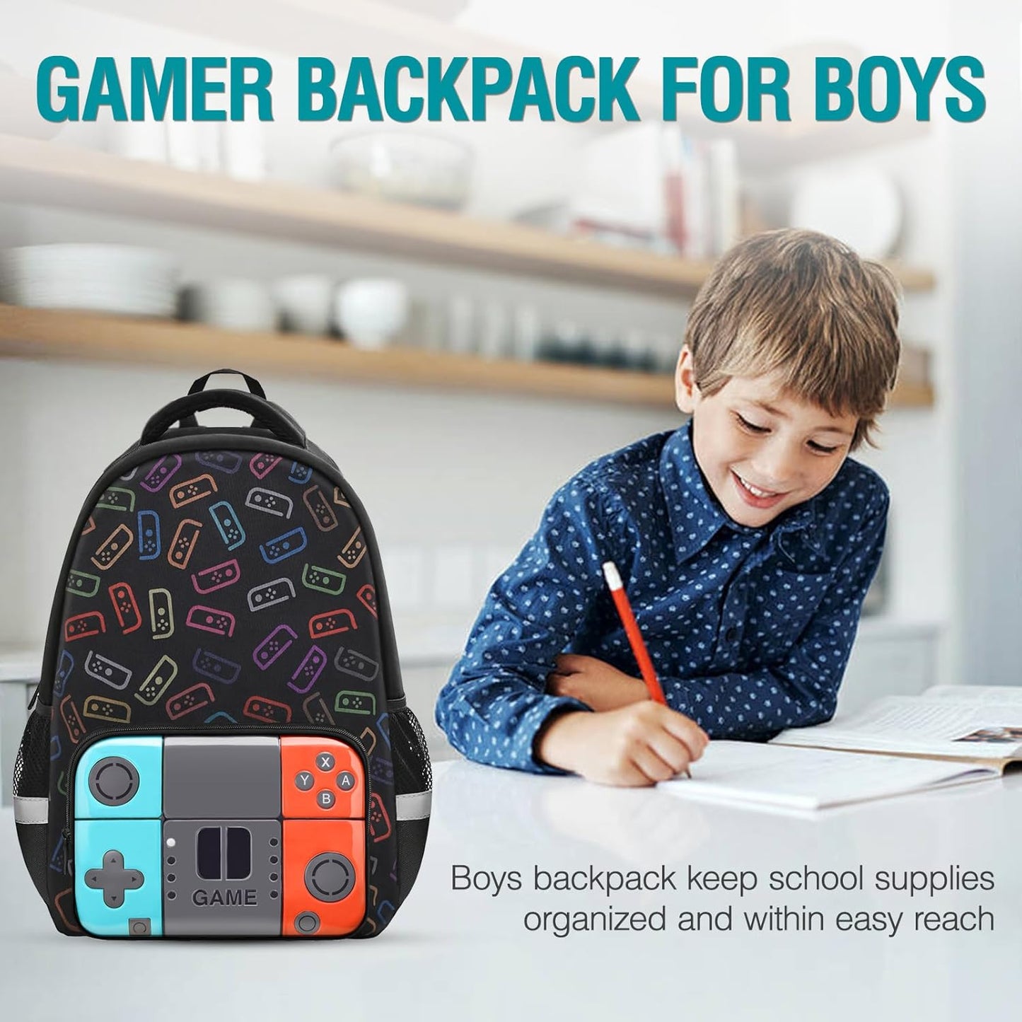 Boys Backpack for School,Gamer Backpack for Boys Kids,Boy Bookbag for Elementary Middle School Student,Video Game Bookbag For Boy Kids Teen Age 6-14,17″