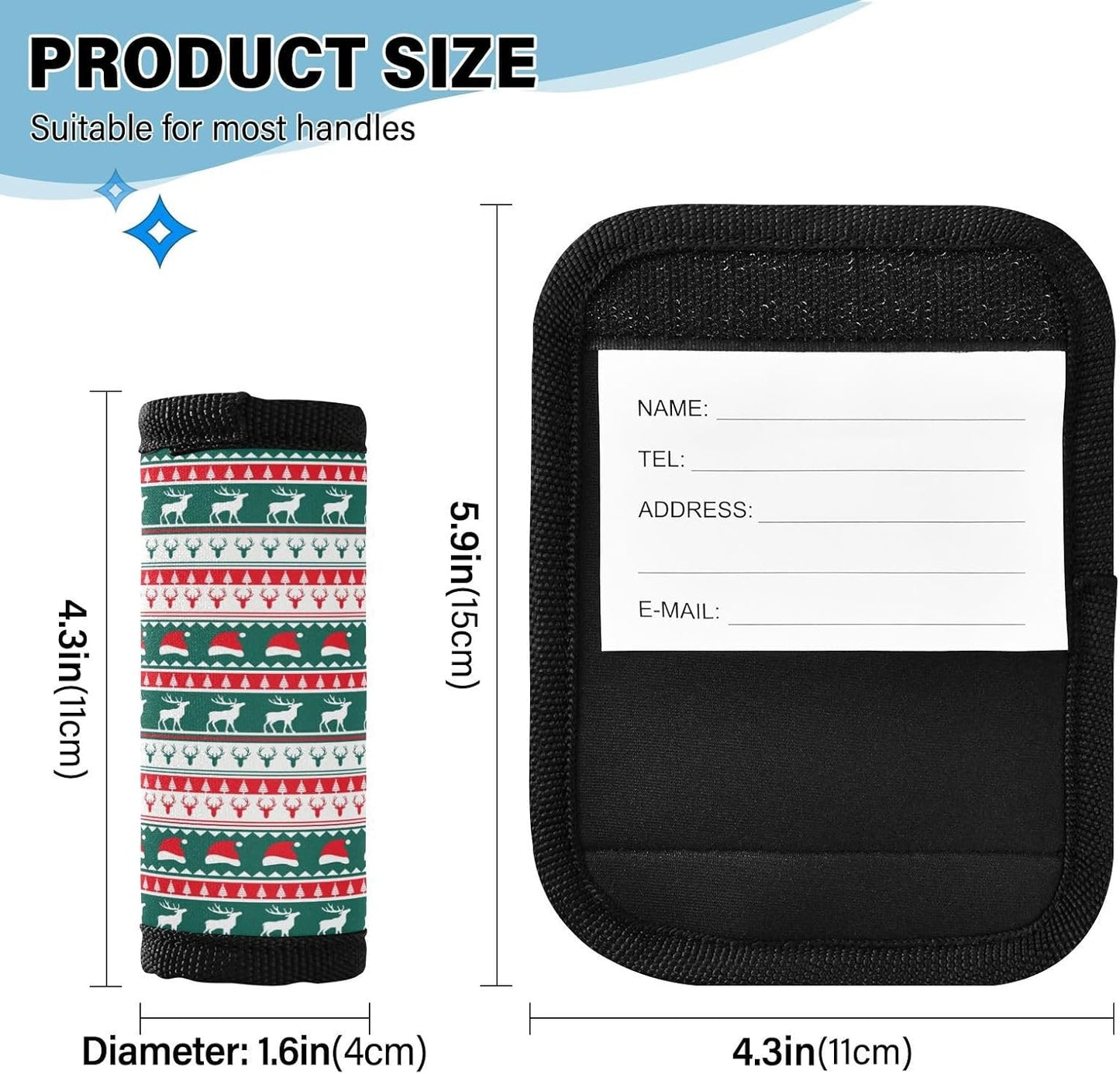Winter Christmas Stripes Green 4 Pack Luggage Handle Wraps Covers for Suitcase Identifiers Bag Tags Travel Accessories