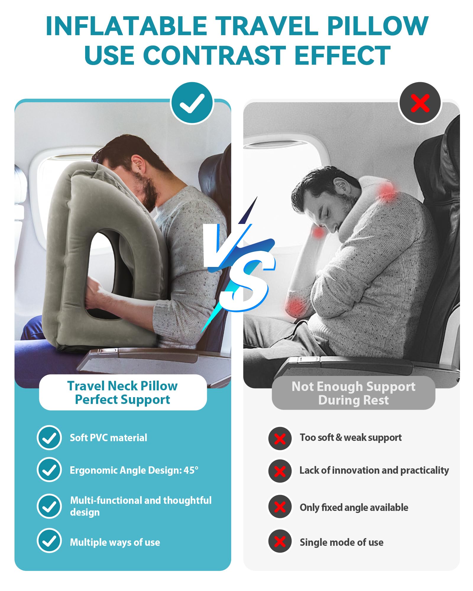 JefDiee Inflatable Travel Pillow, Airplane Neck Pillow Comfortably Supports Head and Chin for