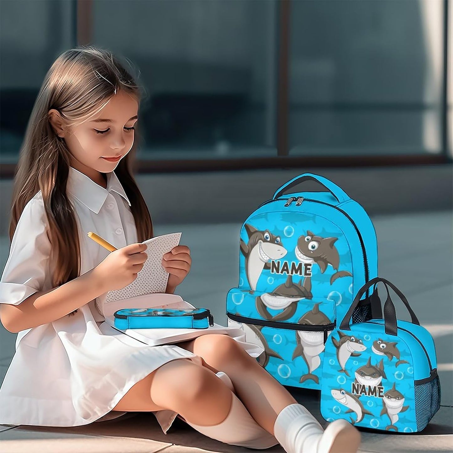 Custom Shark Backpack with Lunch Box, Set of 3 School Backpacks Matching Combo, Funny Blue Bookbag and Pencil Case Bundle