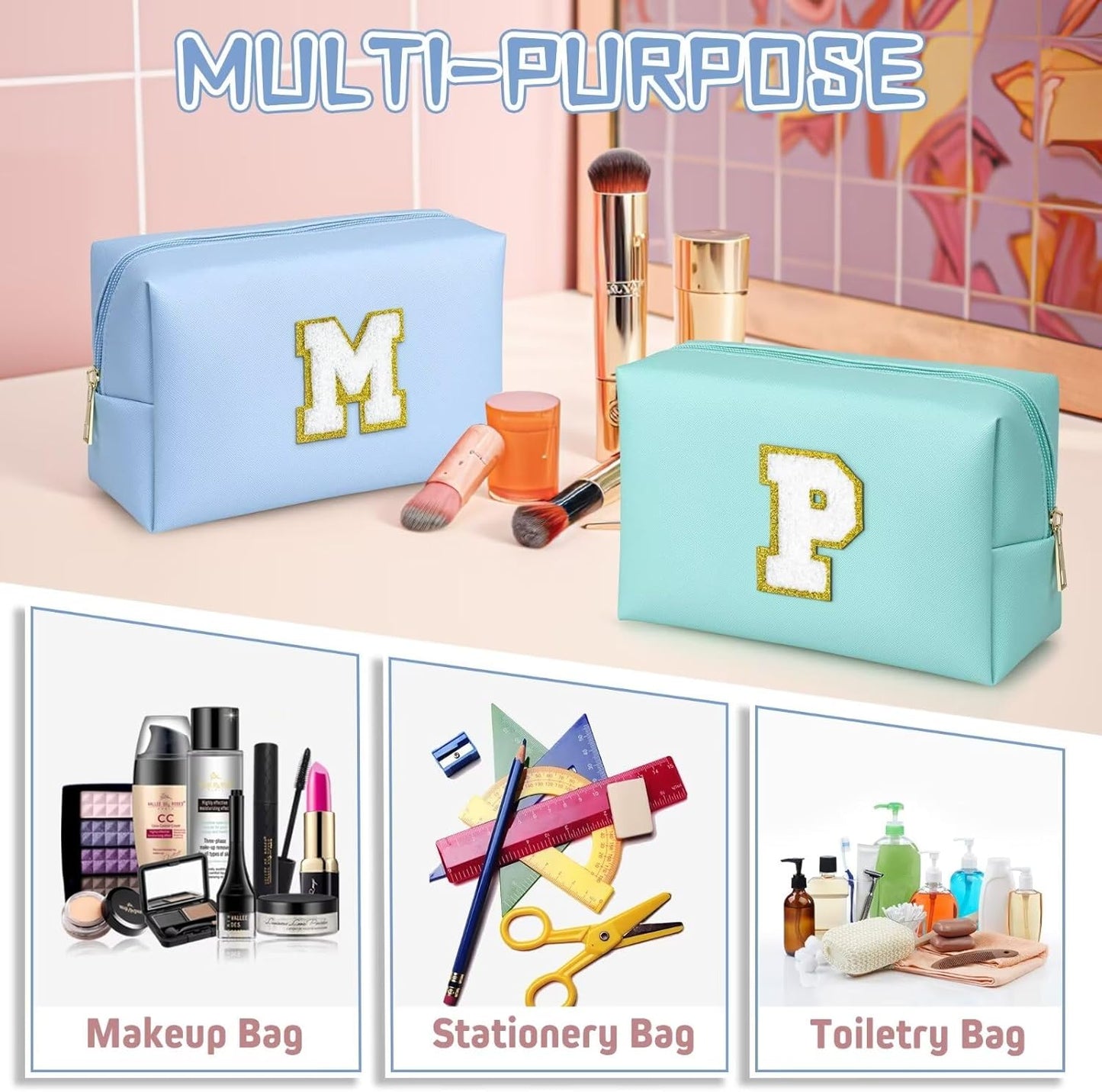 TOPEAST Preppy Makeup Bag, Cute Makeup Pouch PU Leather Waterproof Cosmetic Bag, Personalized Birthday Gifts for Mom Teacher Friends Bridesmaids Nurse, Trendy Stuff for Girls (Sky Blue I)