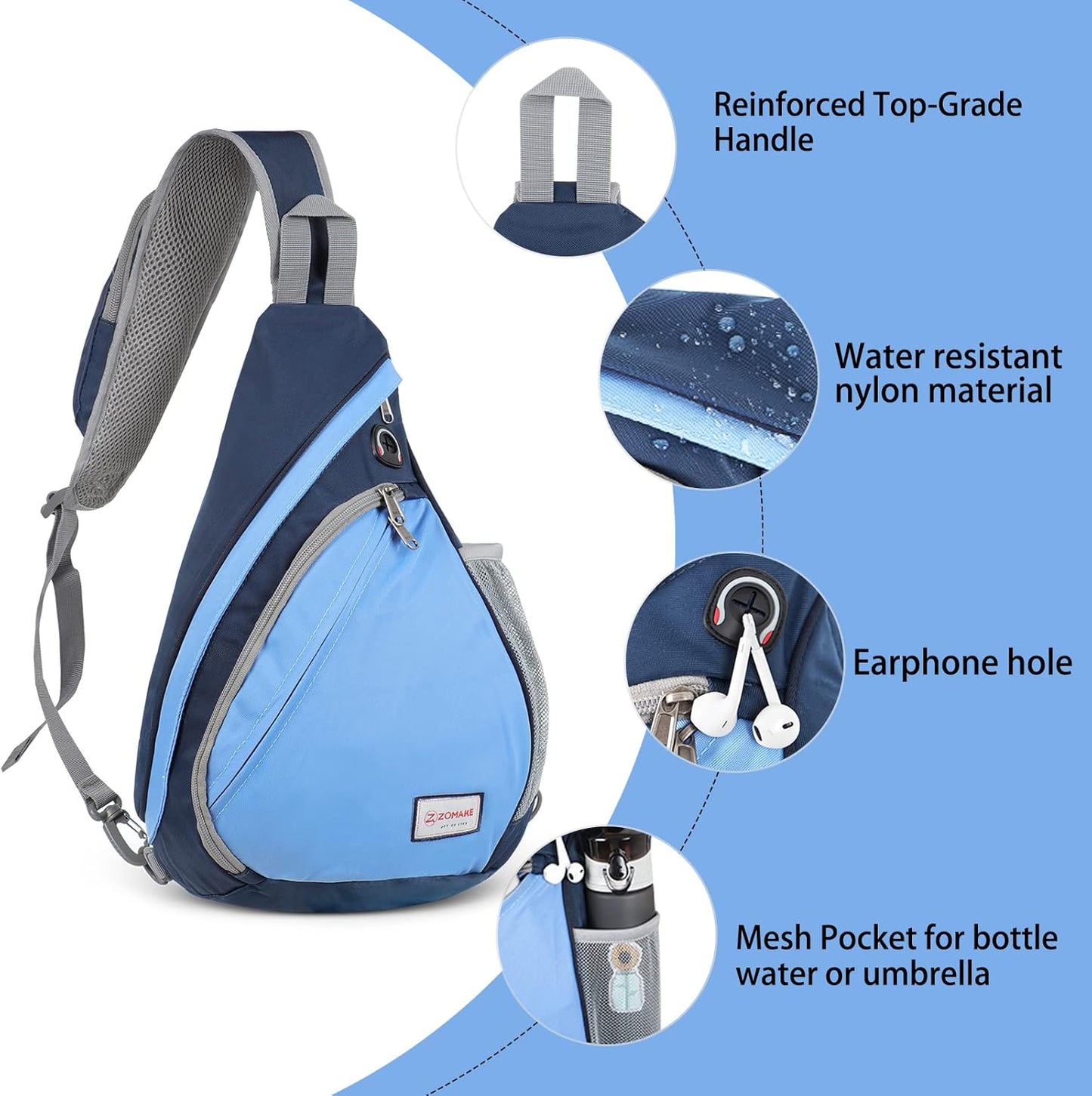 ZOMAKE Sling Bag,Small Crossbody Sling Backpack,Water Resistant Shoulder Daypack for Travel,Anti Thief Chest Bag for Hiking(Navy Blue,Azure)
