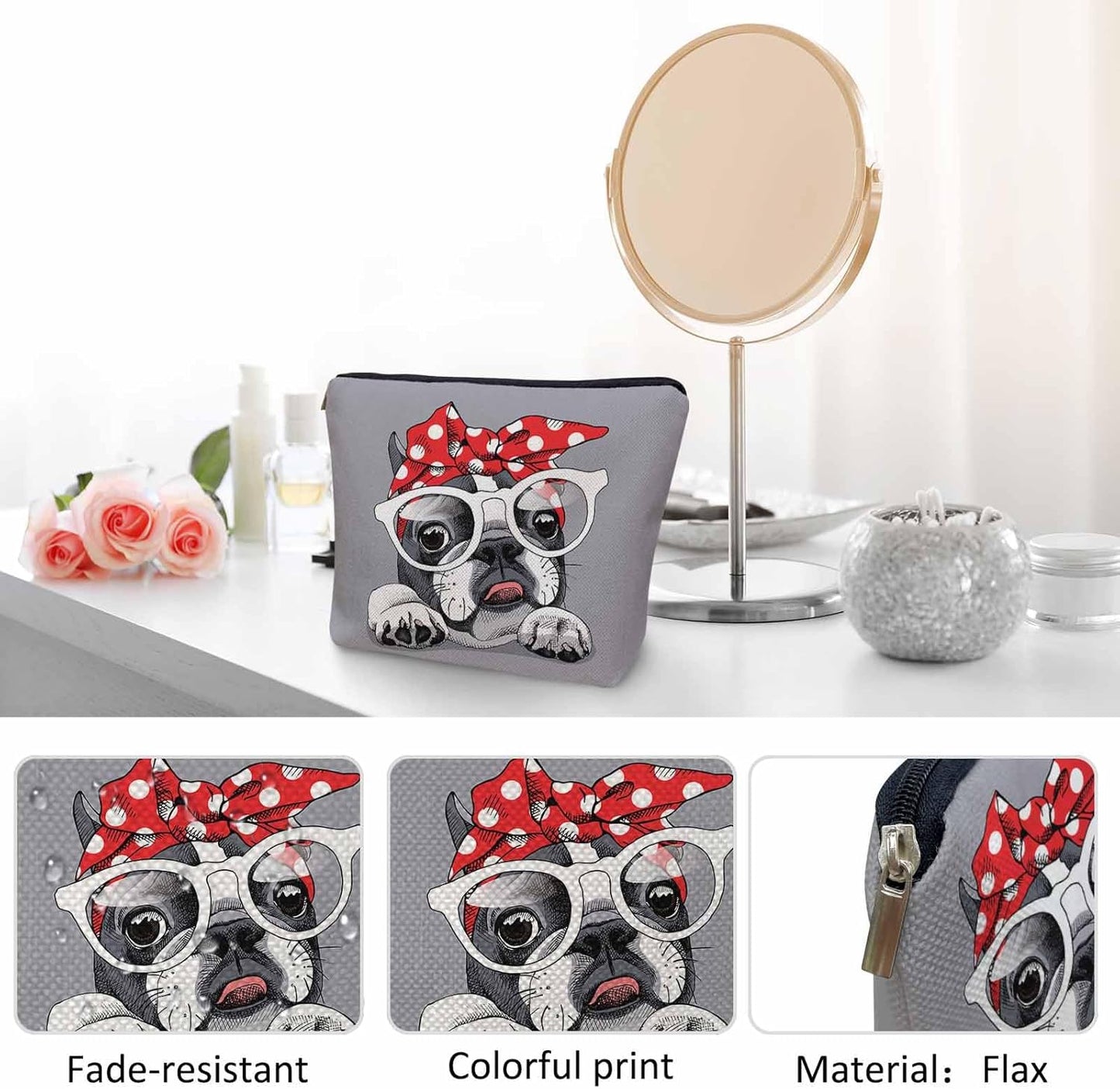 Makeup Bag French Bulldog Makeup Bags For Purse Pouch, Cute Puppy Bulldog Glasses Travel Toiletry Bag Cosmetic Bag Makeup Bags Flax Makeup Organizer Bag Pencil Pouch For Man Woman, Gray
