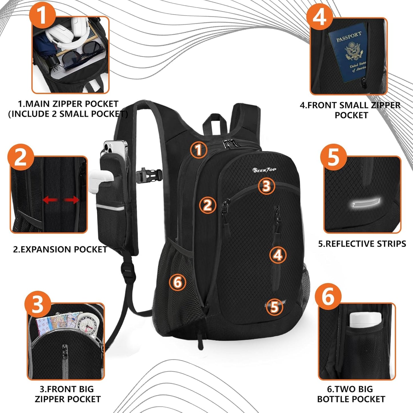 Seektop Small Hiking Backpack 12L to 15L Expandable Travel Packable Waterproof Daypack Lightweight Hiking Bag for Women Men