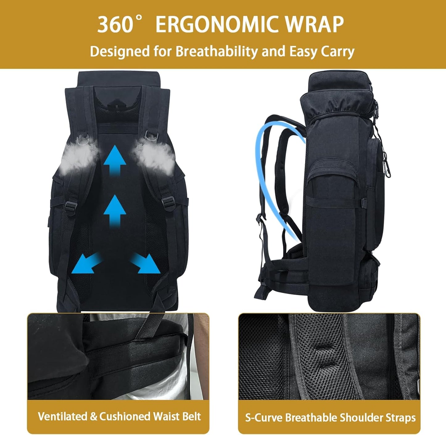 80L Camping Hiking Backpack, Large Military Tactical Backpack with USB Charging Port, Waterproof Travel Daypack With Carabiner Outdoor MOLLE Rucksack for Men Women (Black)