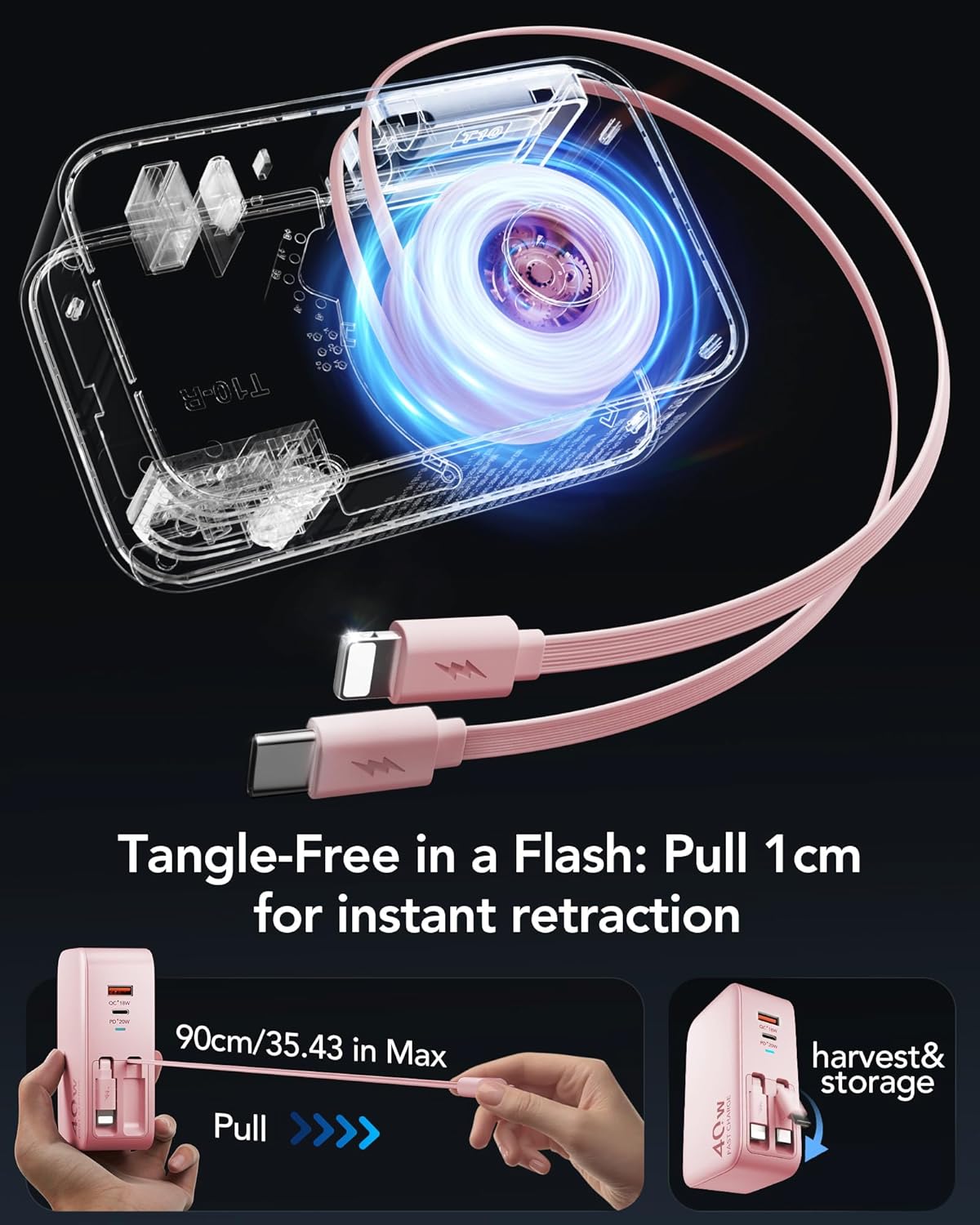 4-in-1 Retractable Gan Wall Charger Plug for iPhone 17 USB C,Travel Essentials Brick Multiport,3ft Lightening+ Type C Cables,40W Fast Charging Foldable Block for iPhone 17 Pro/16/15/14/13,iPad,Galaxy