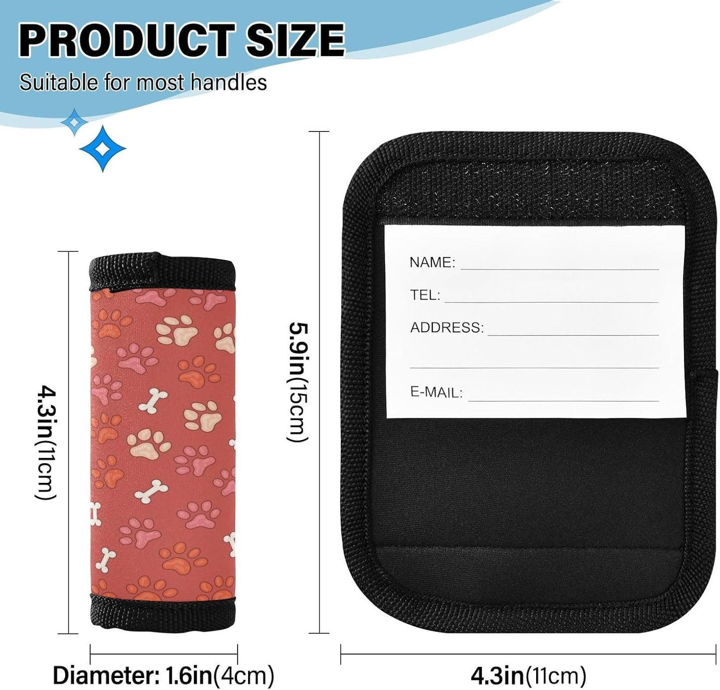 2 PC Luggage Handle Wrap Luggage Handle Covers Tags for Suitcase Bags Travel Luggage Handle Identifier Gripper Red Paw Prints