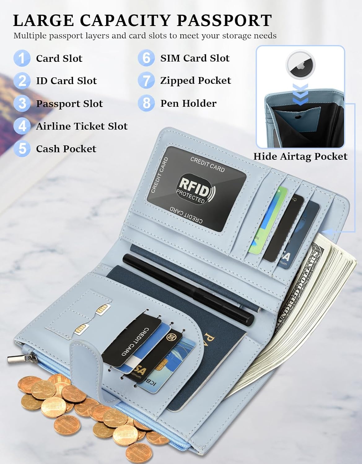 RFID Passport Holder for Women/Men Travel Gifts, Large Capacity Passport Wallet, Family Travel Documents Organizer with Card/Airtag Slots, Zipper coin pocket, Cash Holder Passport Cover Case (Blue)