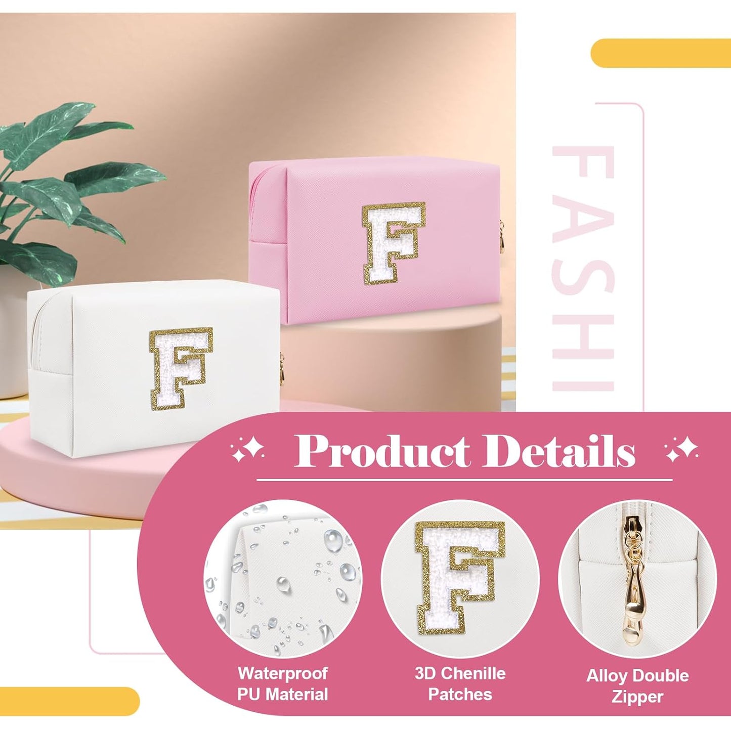 Small Personalized Initial A-Z Preppy Patch Makeup Bag,White PU Chenille Letter Travel Cosmetic Pouch with Zipper,Cute Toiletry Bag,Gift Ideal for Teen Girls Women Teacher Bridesmaid,Letter F