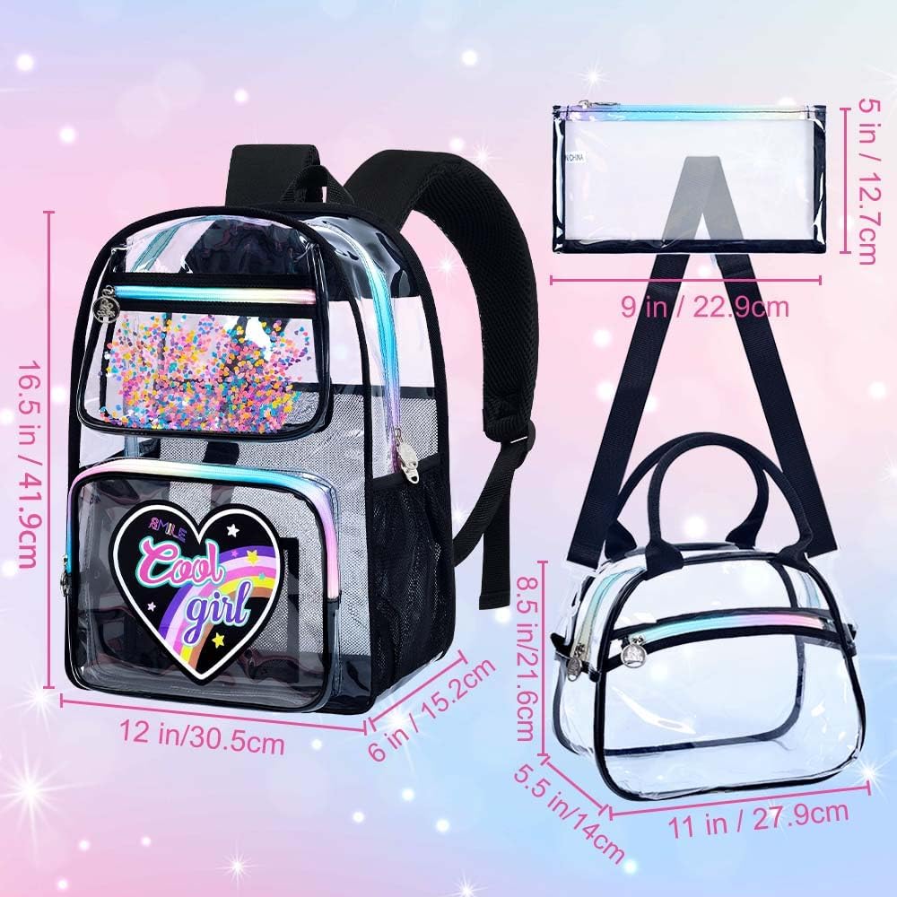3PCS Girls Clear Backpack Heavy Duty, Cute Sequins See Through School Bag with Handbag, Womens Purple Transparent Bookbag