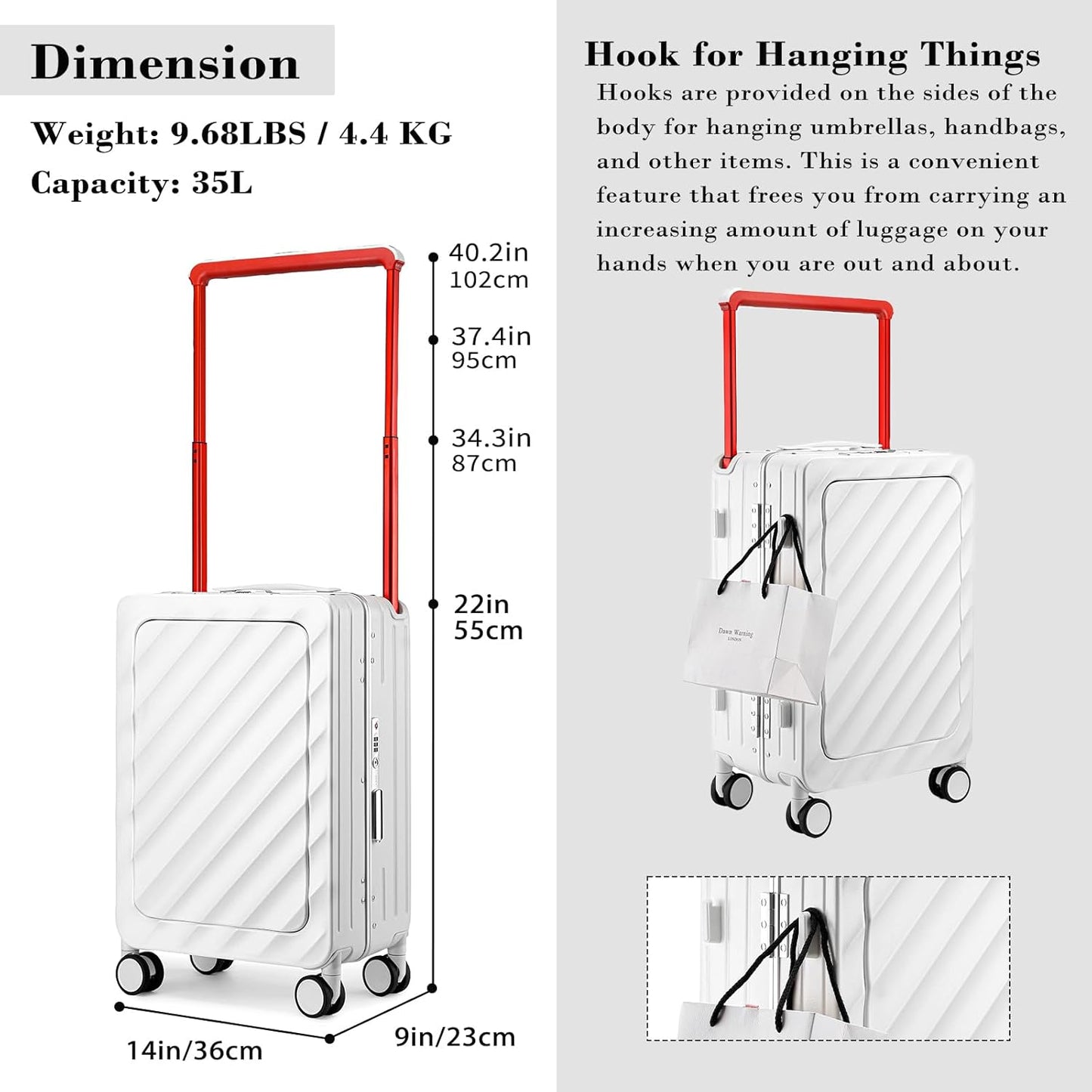 Somago Carry On Luggage Wide Handle 20 Inch Suitcase with Front Compartment Aluminum Framed PC Hardside 22x14x9 No Zipper Business Baggage with Spinner Wheels USB Charging Port TSA Lock (White)
