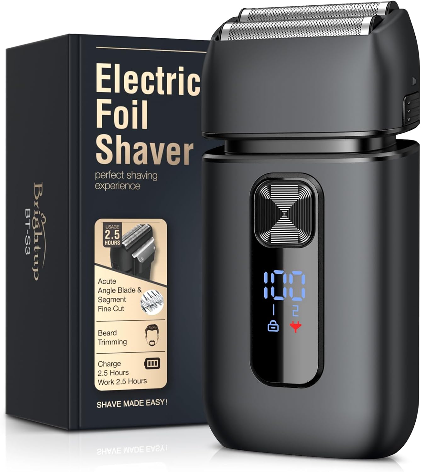 Brightup Foil Shaver, Mens Electric Razor, Shavers for Men with Trimmer, Cordless USB-C Rechargeable Waterproof Double Floating Blades for Close Shaving Face, 2 Speed, LED Display&Travel Pouch, Gray