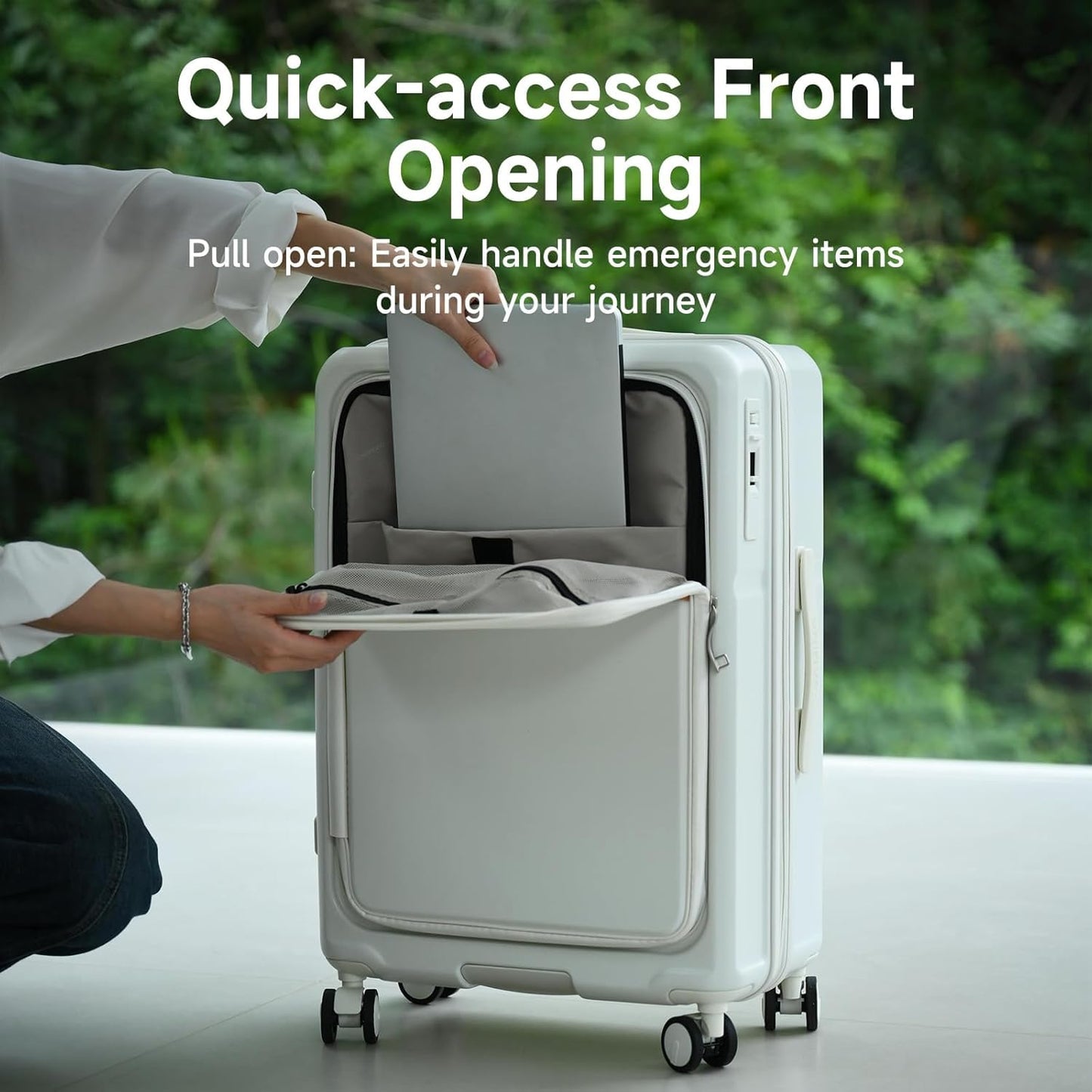 ROAMING Expandable 28-Inch Checked Luggage with Mute Brake Wheels Airline Approved Hard Shell Suitcases with Front Pocket Top Opening Luggage with TSA Lock for Short Business Travel, Beech white