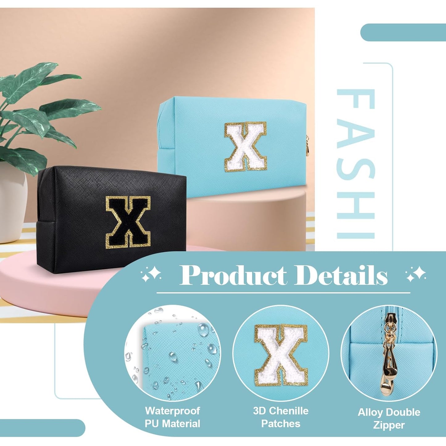 Small Personalized Initial A-Z Preppy Patch Makeup Bag,PU Chenille Letter Travel Cosmetic Pouch