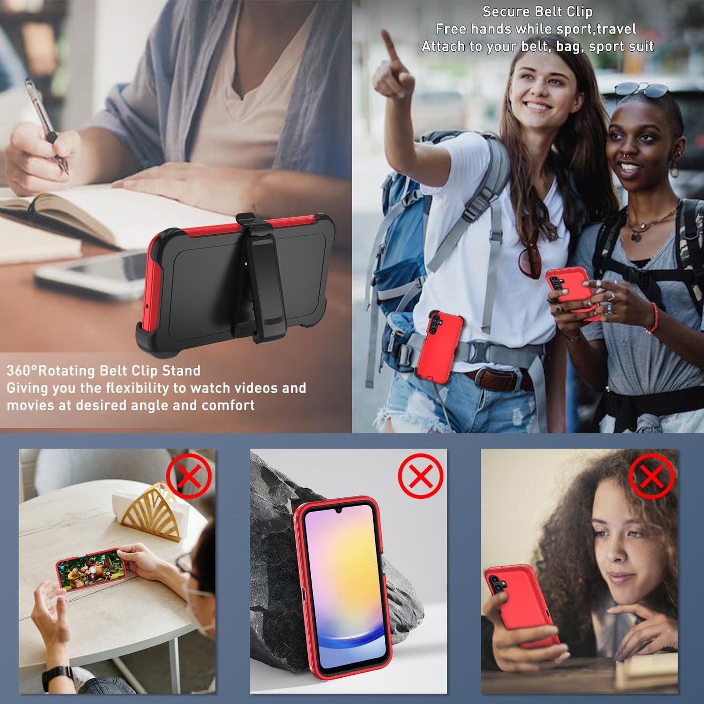 for Samsung Galaxy A17 5G case,A16 5G Heavy Duty case,with A Tempered Glass Screen Protector, [Military Grade Protective ] [Shockproof] [Dropproof] [Dust-Proof] (with Belt Clip-Red/Black)