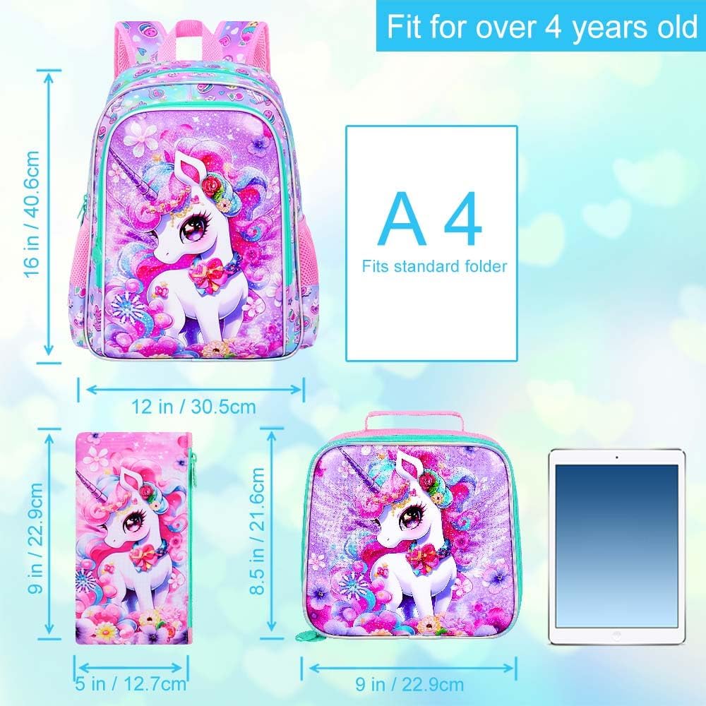 3Pcs Unicorn Backpack for Girls, 16" Kids Bookbag with Lunch Box, School Backpacks Set for Elementary Preschool Kindergarten(Pink)