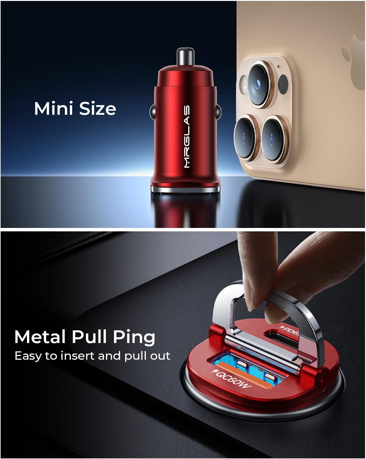【Upgraded】 125W USB C Car Charger Super Fast Charging for iPhone 16, [PD65W & QC60W][All Metal] MRGLAS Cigarette Lighter Car Charger,Dual Port for iPhone 16 15 Pro iPad Samsung S25 S24 MacBook-Red