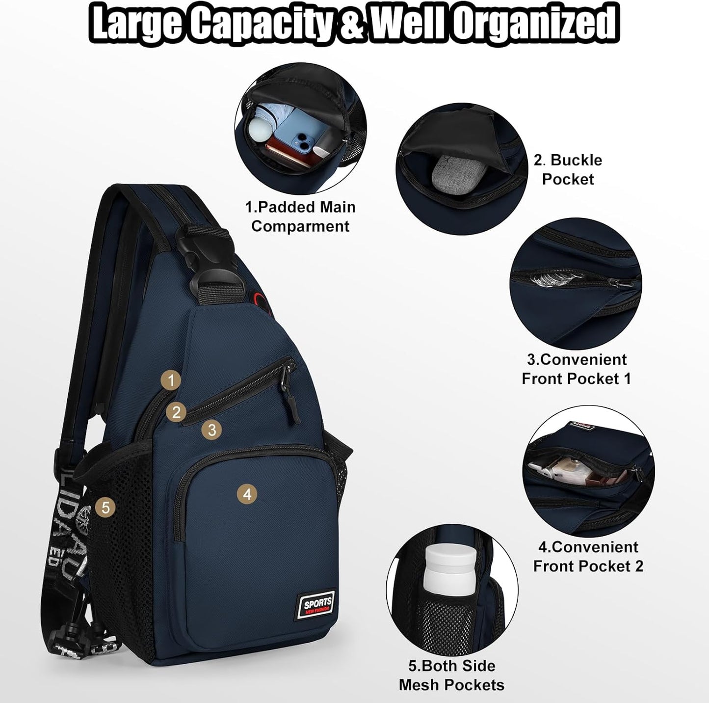 Sling Bag for Women Man Sling Backpack with Convertible Shoulder Strap Casual Backpack Daypack for Travel, Hiking and Daily Commute, (Dark Blue, Small)