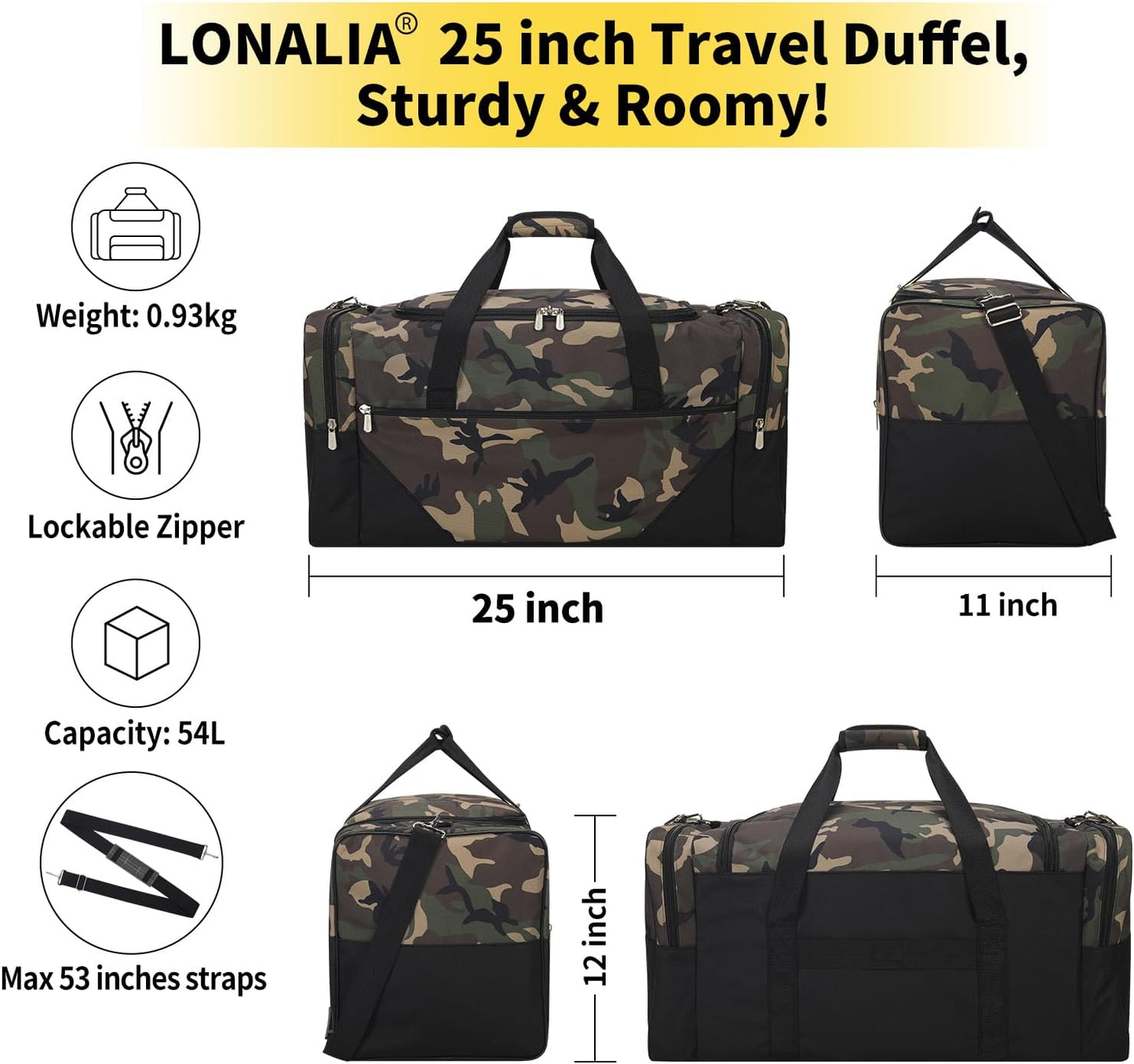 25 in Large Travel Duffel Bag for Men - 56L Roomy Weekender Bag with Trolley Sleeve (Camo)