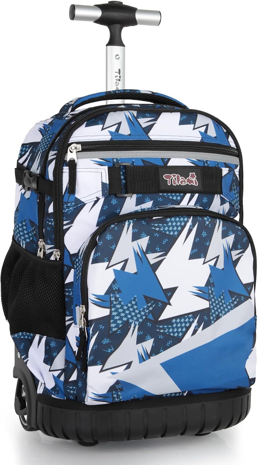 Tilami Rolling Backpack for Kids 18 Inch Wheeled Bookbag for Boys & Girls for School & Travel,Arts Blue