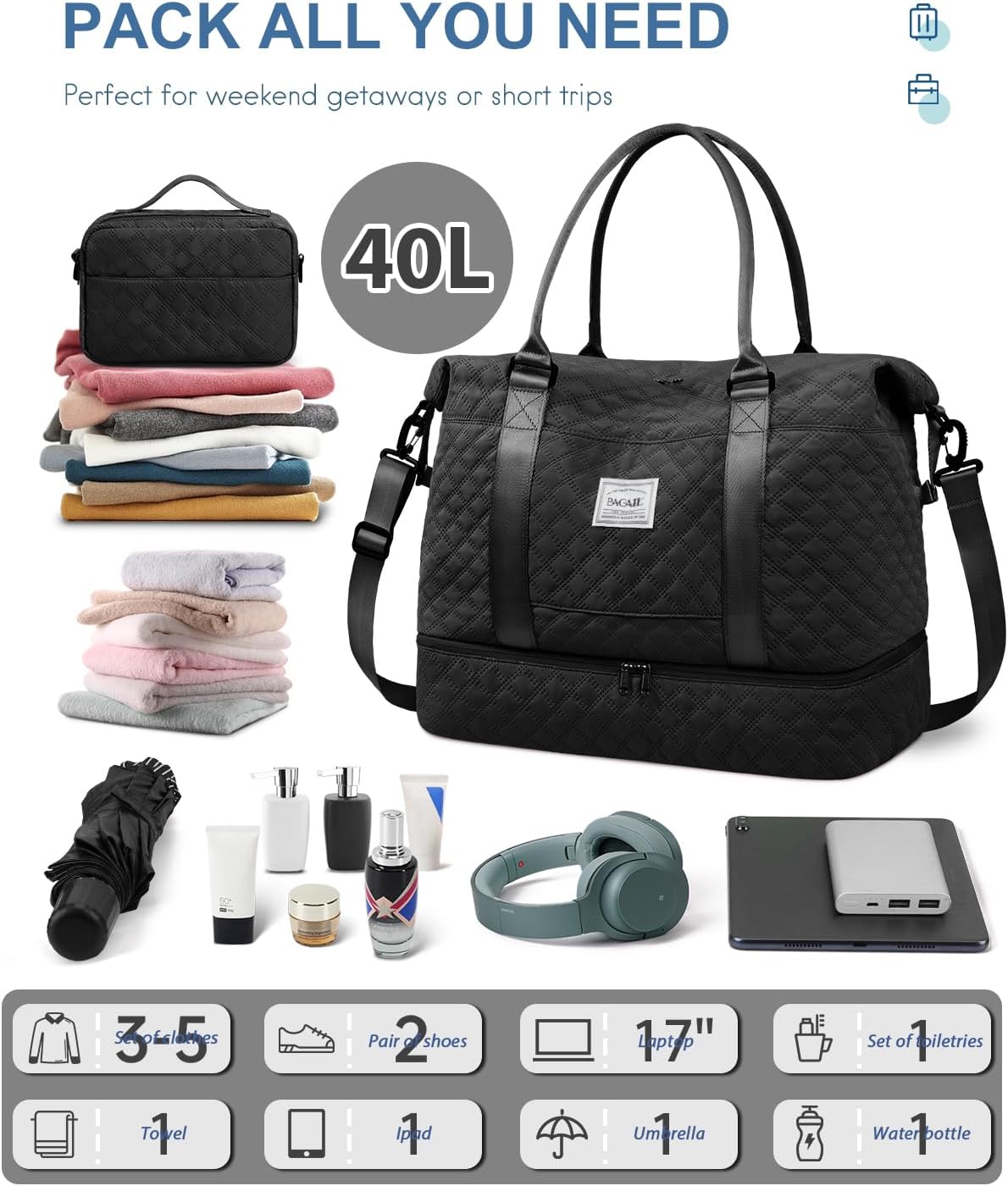 BAGAIL Travel Duffel Bag, Weekender Bags for Women, Overnight Gym Carry On Tote Bag with Wet Pocket, Hospital Mom Bag for Labor and Delivery - Extra Large, Grid-Black