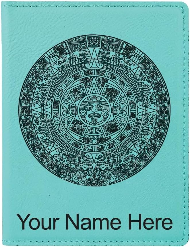 LaserGram Faux Leather Passport Holder, Aztec Calendar, Personalized Engraving Included (Teal)