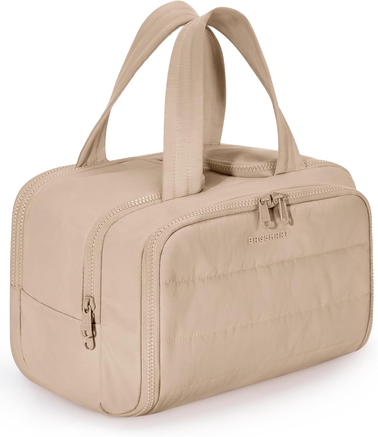 BAGSMART Travel Toiletry Bag, Puffy Toiletry Bag for Women, Wide-open toiletry bags for traveling, Large Travel Cosmetic Makeup Bag Organizer for Accessories,Toiletrie (Khaki)