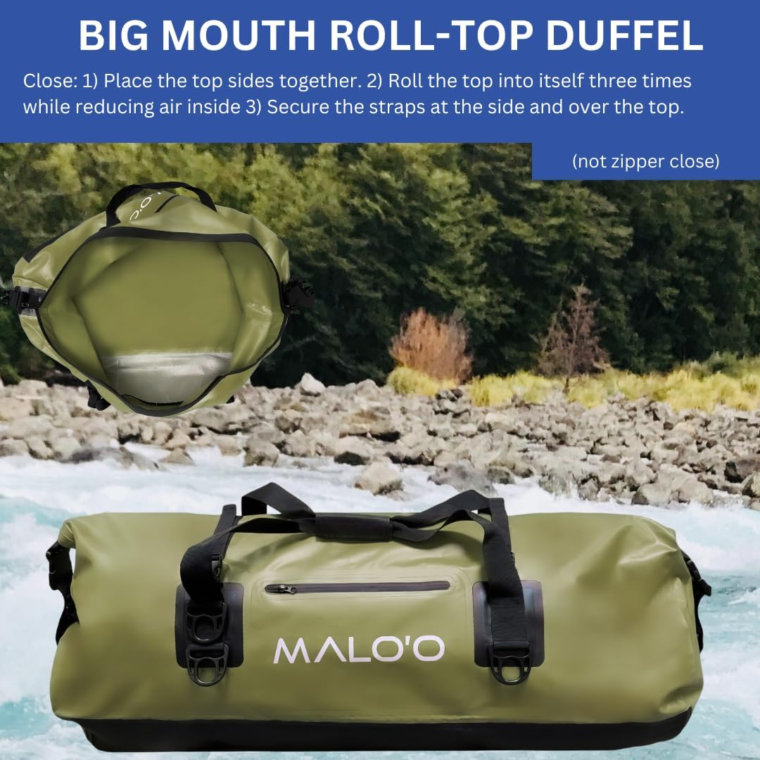 Malo’o Waterproof Dry Duffel, Heavy-Duty Roll Top Waterproof Gear Bag with Shoulder Strap & Molle Loops, Marine Duffel for Kayaking, Boating, Camping, Beach & Travel, Dark Green, 100L