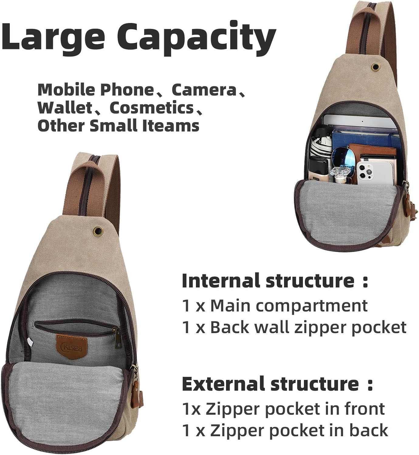 KL928 Canvas Sling Bag Crossbody Backpack Shoulder Casual Rucksack for Men Women,Khaki