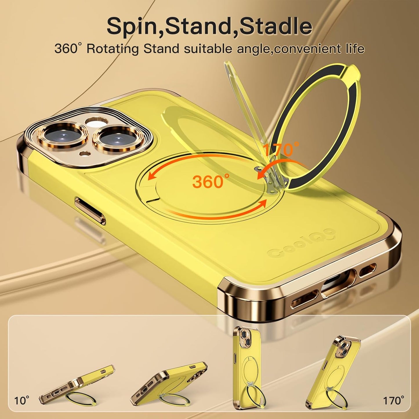 COOLQO for iPhone 14 Case 6.1'' Upgraded 360° Spin Magnetic Stand [Compatible with Magsafe][Military Grade Drop Protection] Shockproof Protective Phone Holder Cover for iPhone 14, Yellow Gold