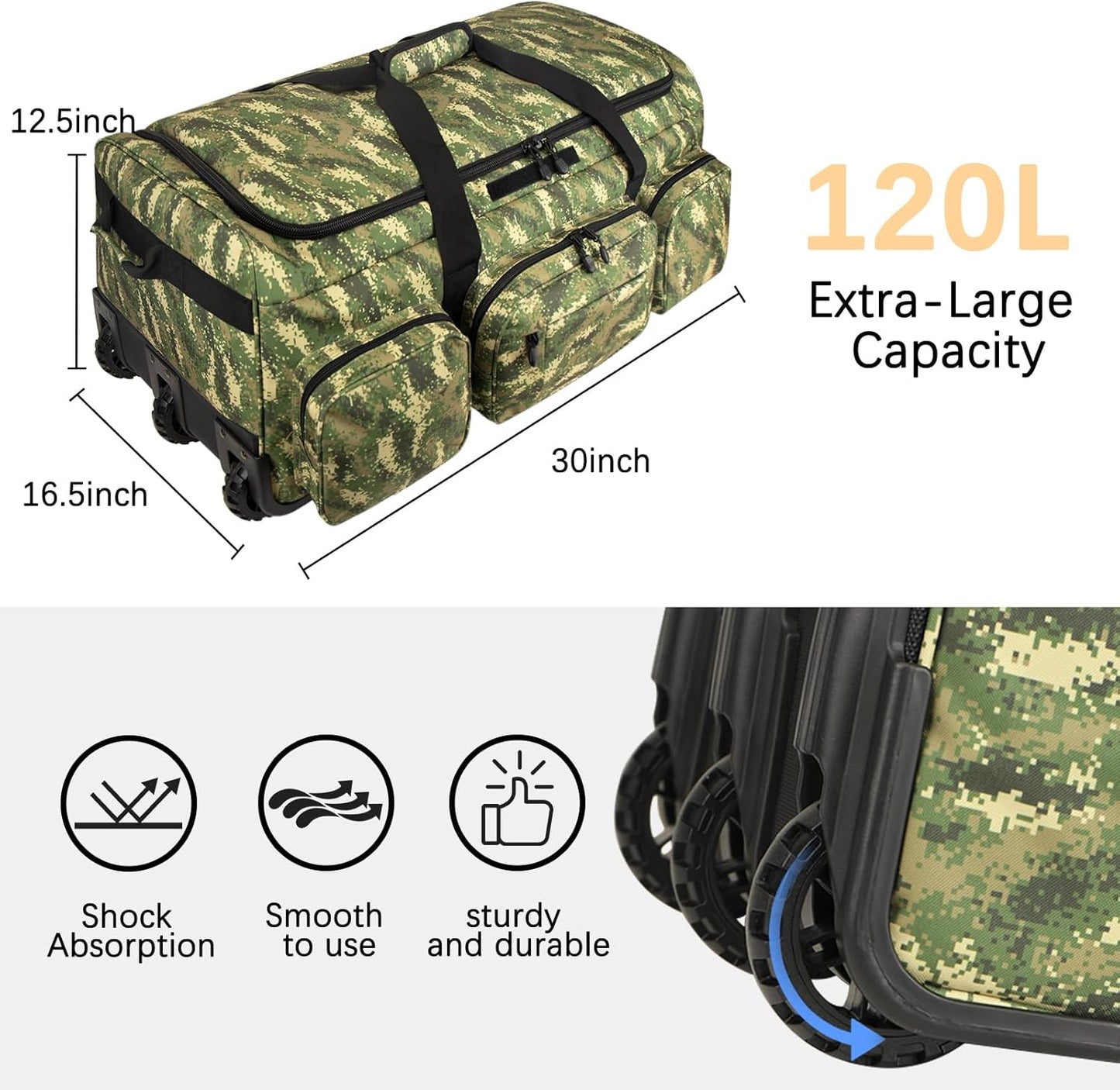Rolling Duffle Bag with Wheels, 120L Military Luggage Bag for Travel,Large Tactical Heavy Duty Duffel Bags for Deployment Camping Sporting & Outdoor Adventures