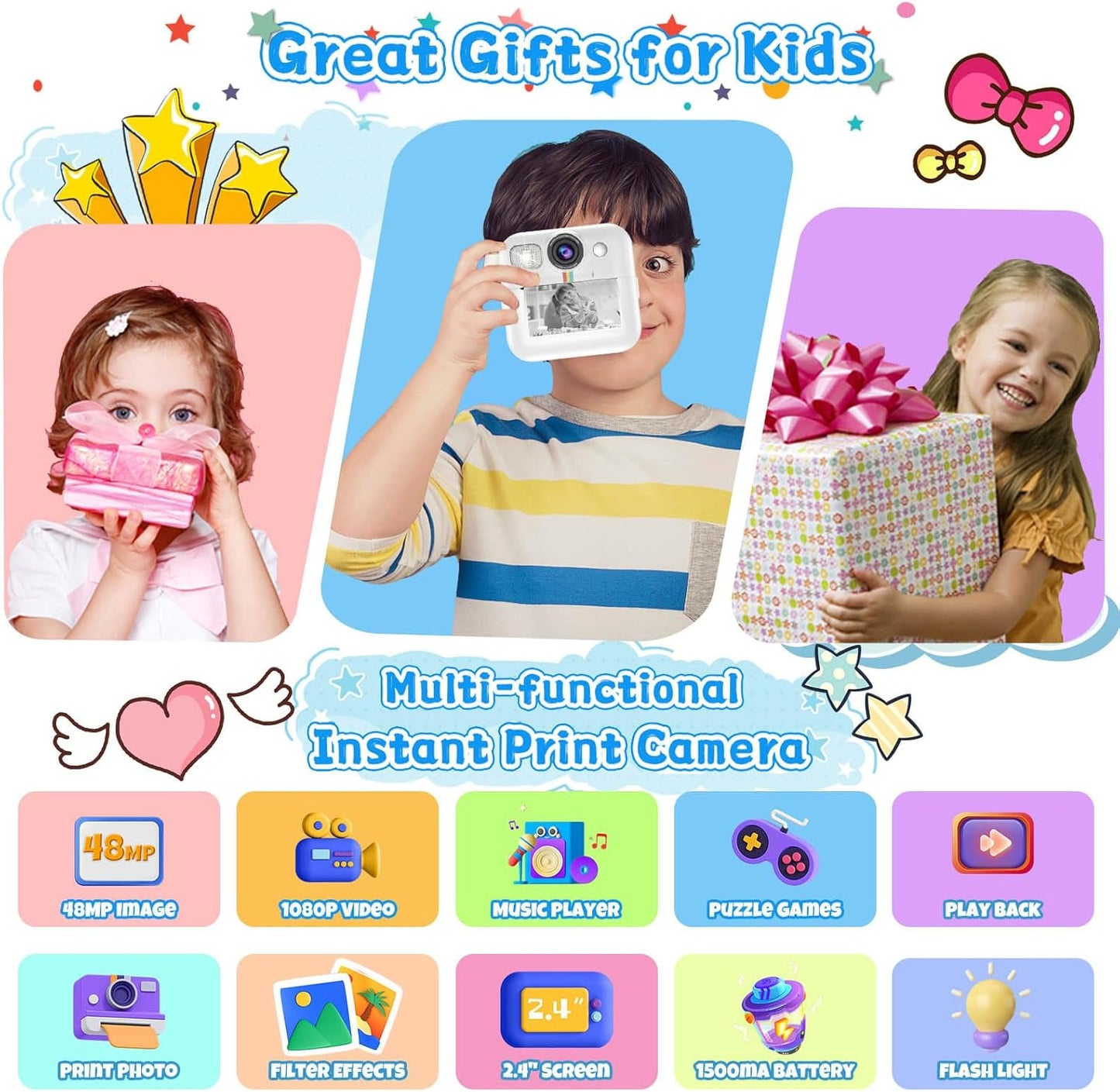 Instant Print Camera for Kids, 3-12 Year Old Girls Boys Gifts, 1080P Video Children Digital Camera with 32GB Card, Kids Christmas Birthday Gifts Toddler Photo Camera Toys for Age 3 4 5 6 7 8 9 White