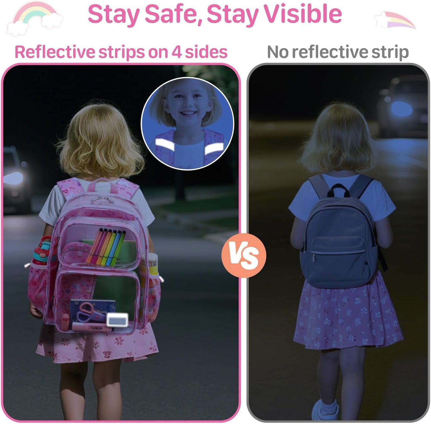 Bagseri Clear Backpack for Kids - 15 Inch Clear Bookbag for Girls Aged 3 to 8 Heavy Duty Transparent Backpack for School, Safe Reflective Strip, Cute Fabric Back Panel, Pink Unicorn