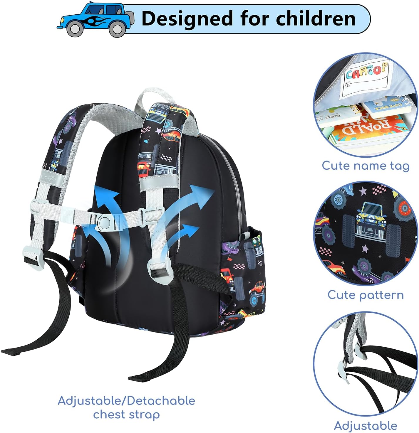 CAMTOP Toddler Backpack for Boys Girls 2-4, Kids Backpacks for Kindergarten Preschool, 12" H Small Bookbag for Daycare Travel (Black)