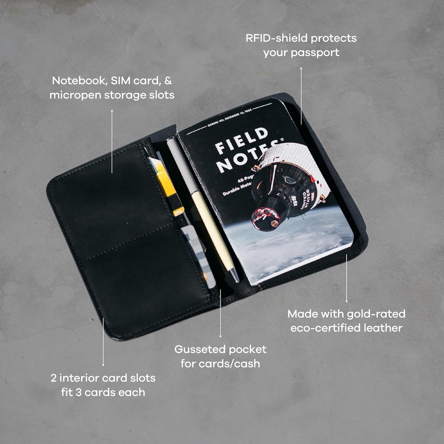 Distil Union Passport Cover+ | RFID-Shielded Premium Full-Grain Leather | Fits Passport, Cards, Cash, and More | Slim Travel Wallet and Organizer (Black)