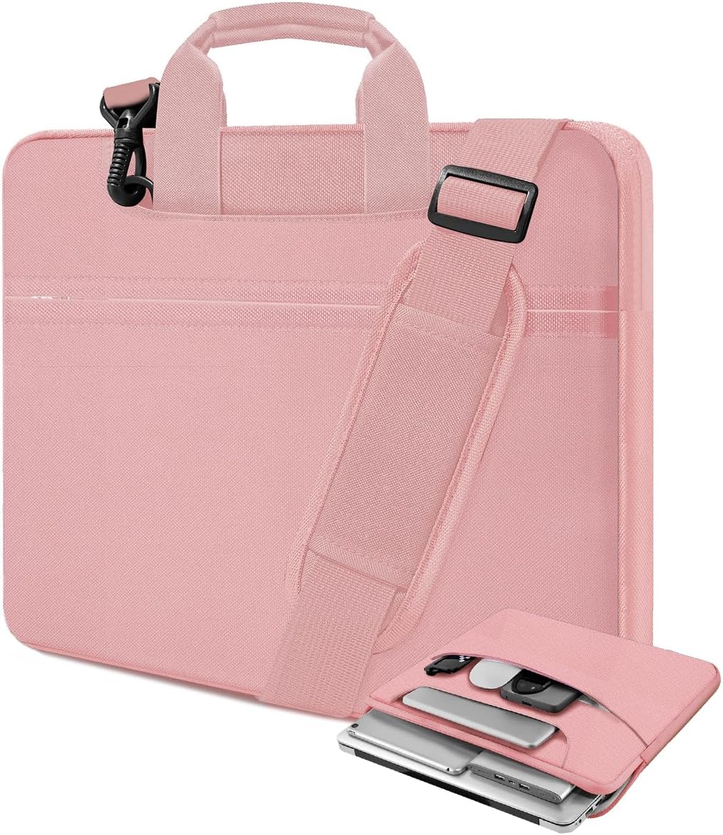 Laptop Case 15.6 inch Shoulder Bag, Durable Shockproof Protective Computer Carrying Briefcase with Multi-Pockets and Strap Compatible with Most 15.6 inch Notebooks,Pink