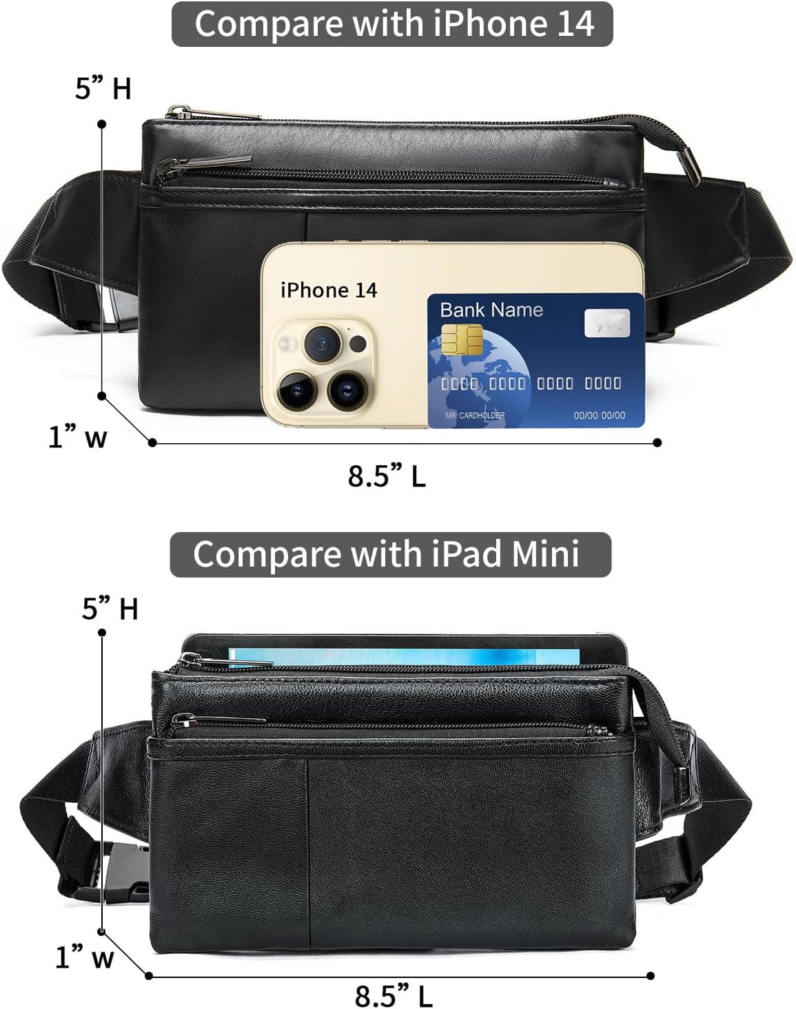 Fanny Pack for Men and Women, Super Lightweight Waist Pack Belt Bag Hip Crossbody Purse - Soft Lambskin Leather Black