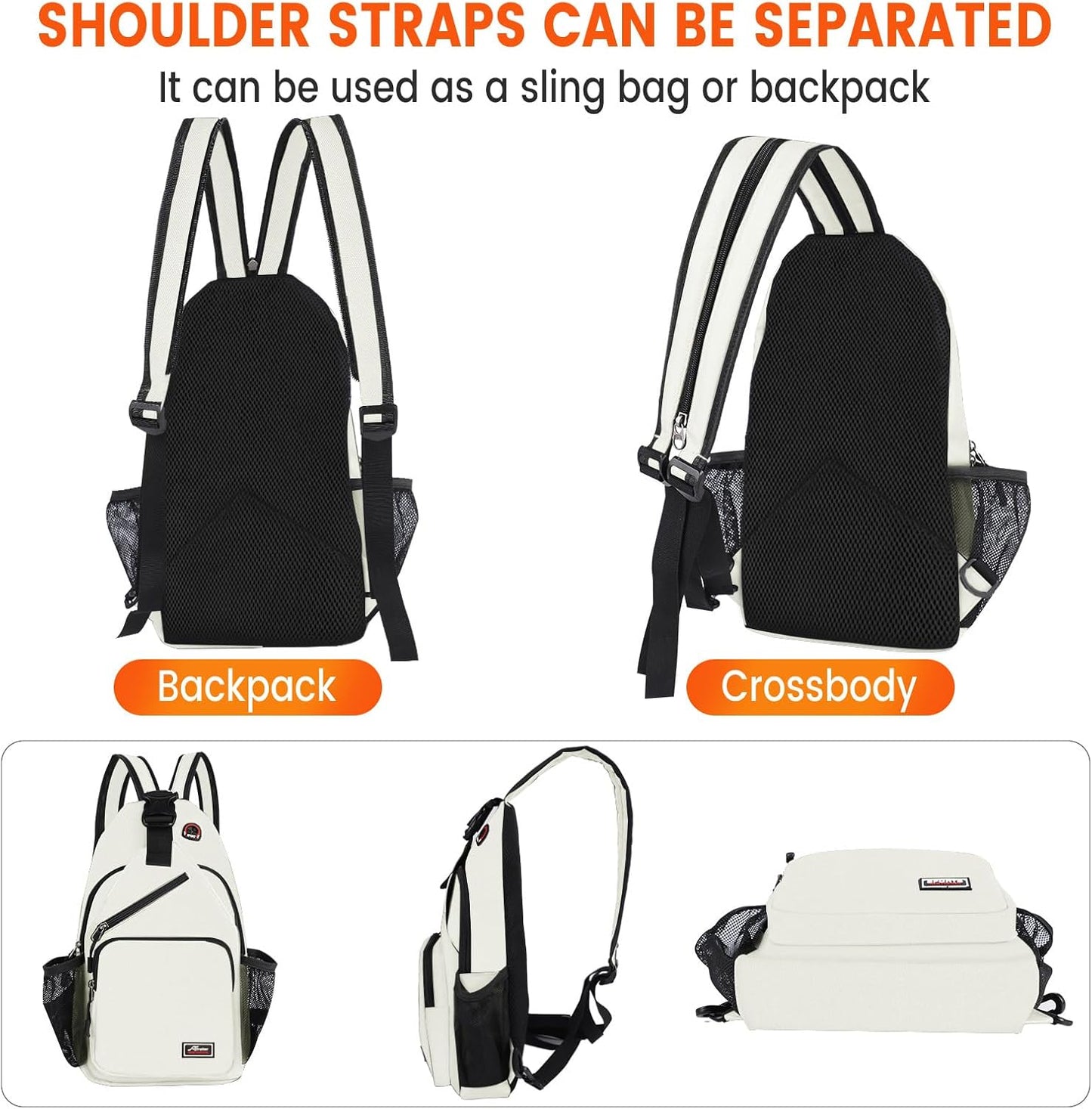Crossbody Sling Backpack Men and Women Sling Bag Shoulder Backpack Travel Hiking Chest Bag Daypack (White)