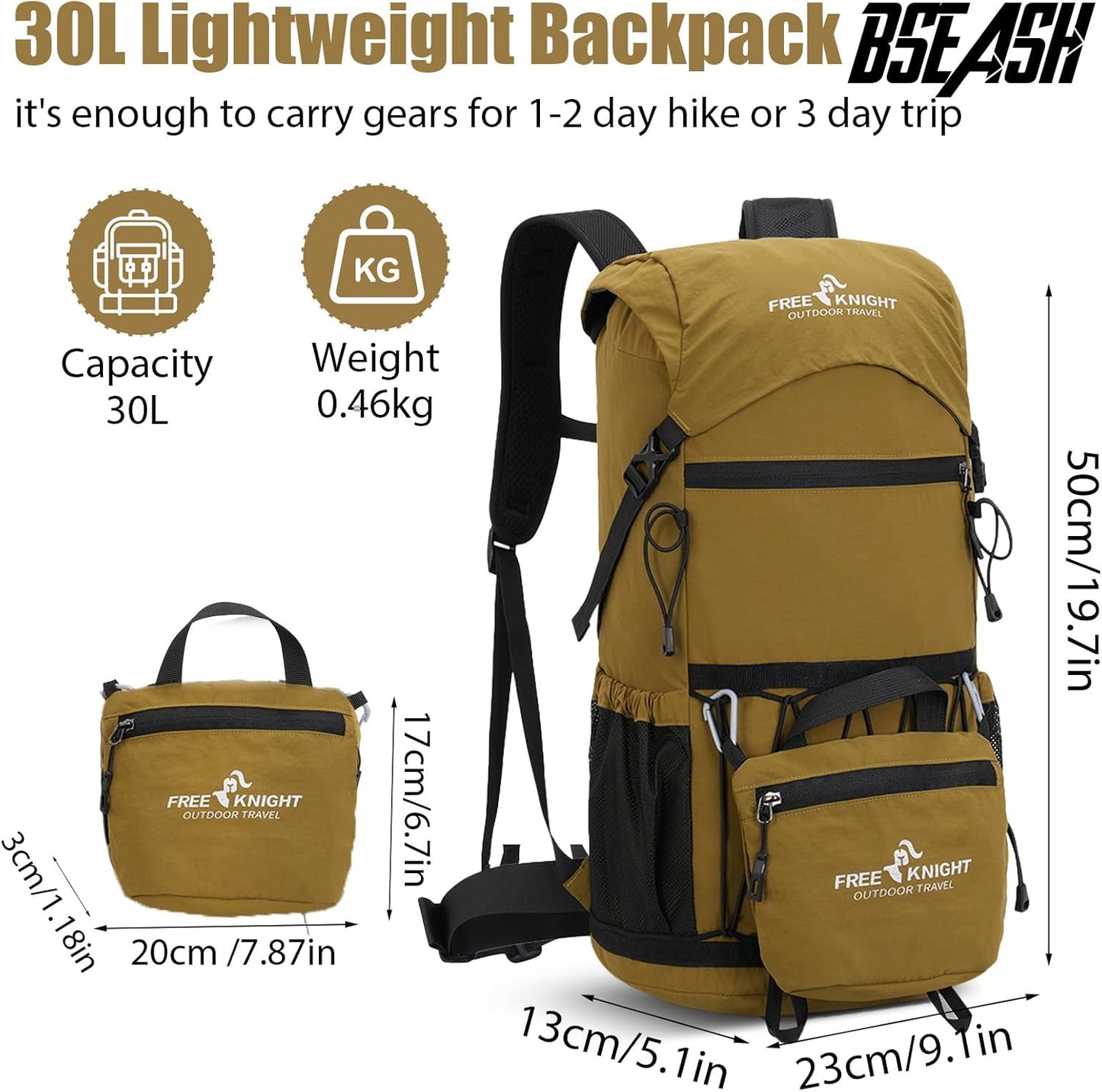 Bseash 30L Lightweight Hiking Backpack, Outdoor Sport Waterproof Travel Bag Daypack for Cycling Climbing Skiing (Khaki)
