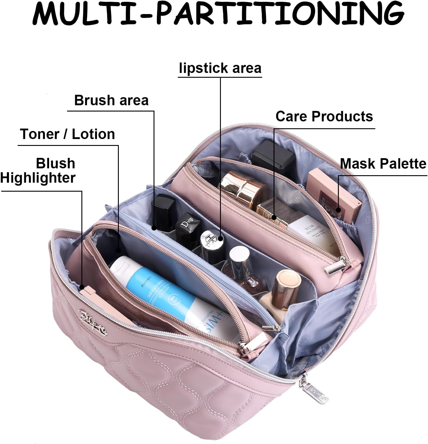 BOYATU Travel Makeup Bags for Women Cosmetic Bag: Puffy Make up Bags Set of 3 - Vegan Leather Makeup Organizer - Waterproof Large Toiletry Bag with Compartments - Travel Essentials (H-3-Pink)