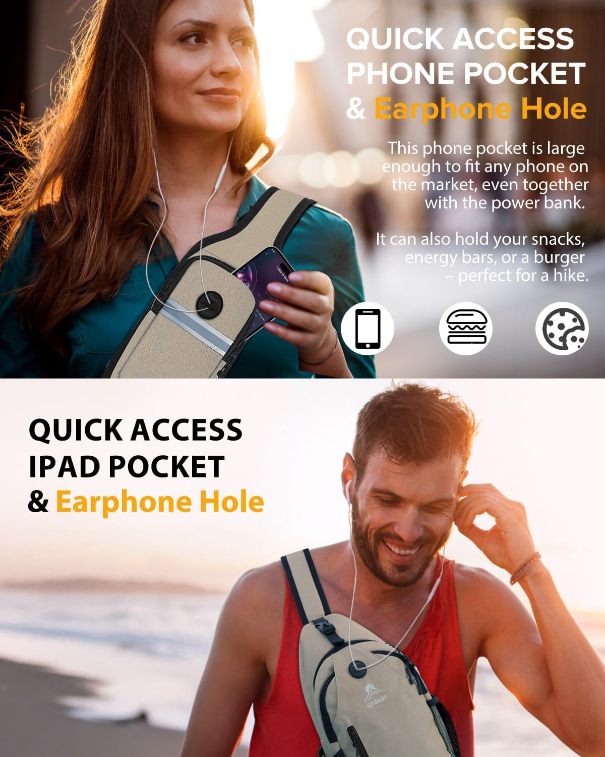 Sling Bag, Crossbody Bag for Men, Cross Body Hiking Backpack, Travel Daypack, Chest Pack with Chest Phone Holder