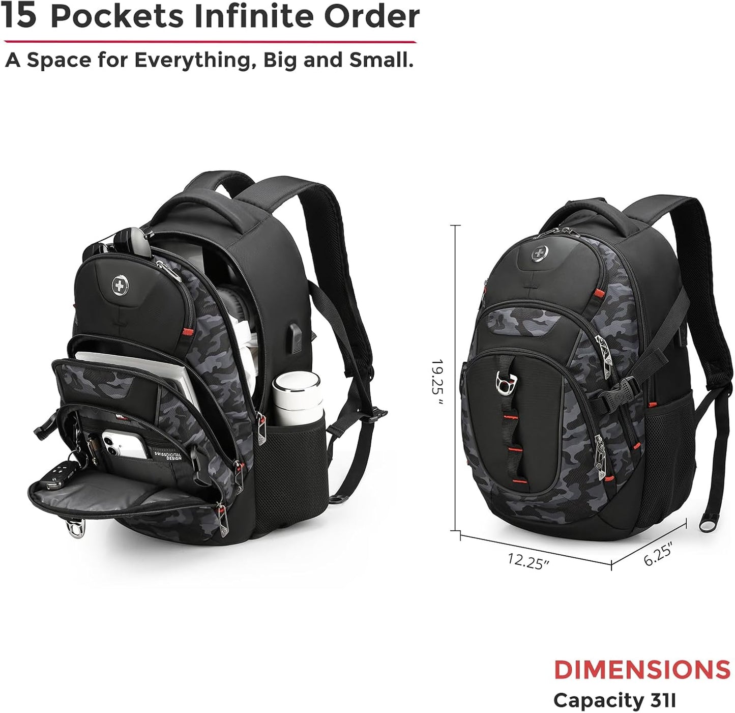Swissdigital Design Laptop Backpack with USB Charging Port, Travel Backpack Fits 15.6 inches Computer, 31L College School Backpack for Men, Gray Camo | SD803