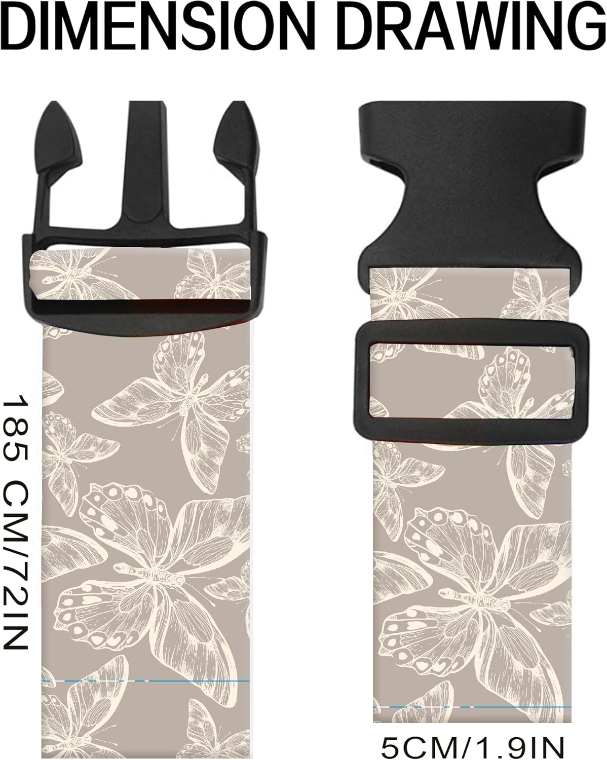 Luggage Straps for Suitcases, Adjustable Travel Belt, Durable Wide Luggage Strap, Cute Suitcase Strap Identifiers with Buckle, Bag Straps for Luggage, Grey Cute Butterfly